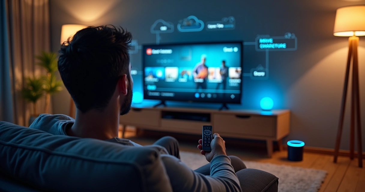 Pessoa utilizando Fire TV com Alexa para buscar cena específica de filme em sala moderna 