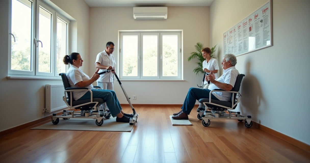 Sala de fisioterapia com equipamentos modernos e profissionais em atendimento 