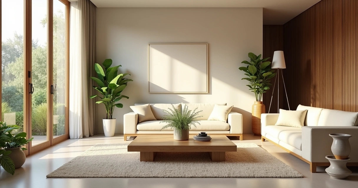 Sala de estar bem iluminada com plantas, cristais e objetos de Feng Shui 