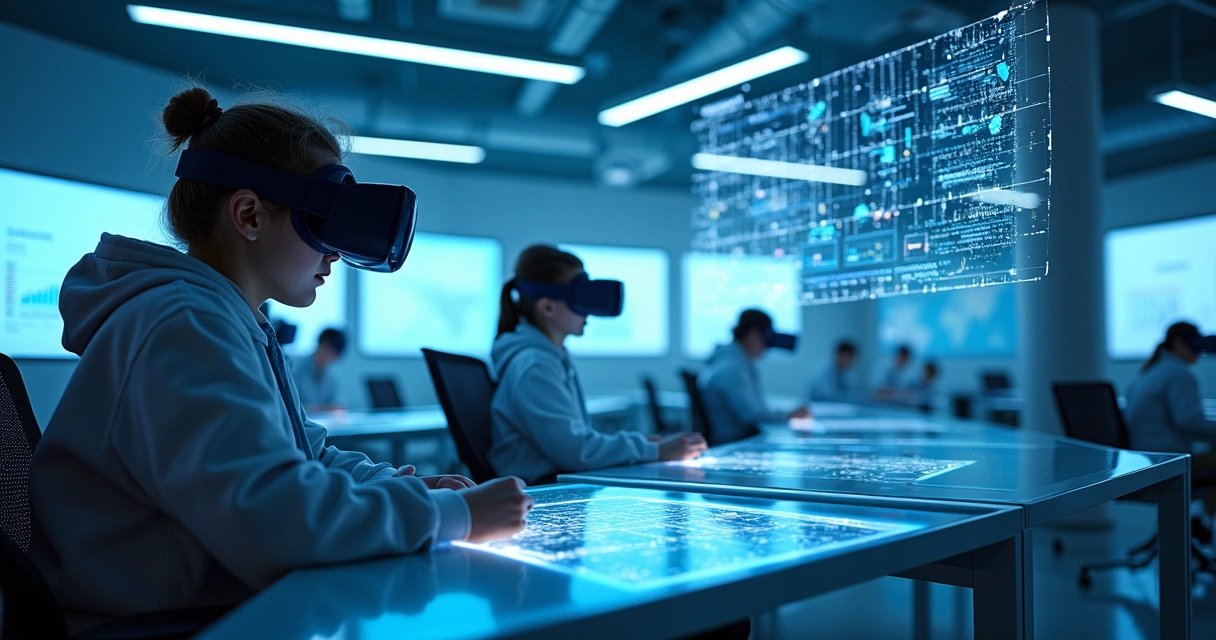 Ambiente futurista de estudo EAD com tecnologia avançada 