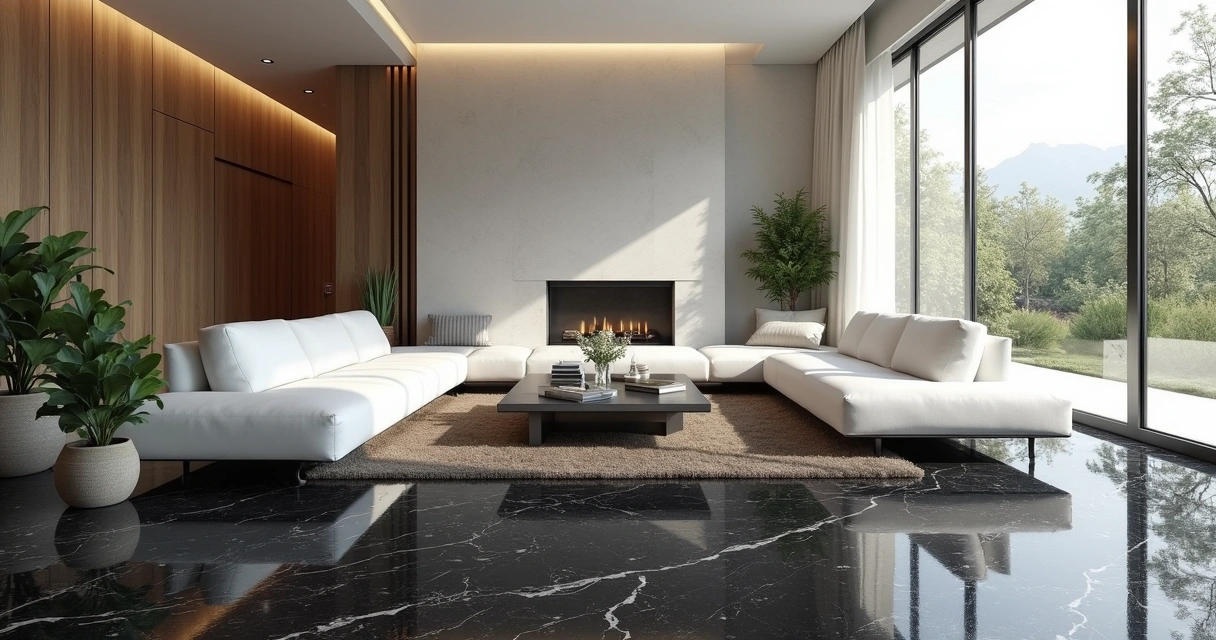 Sala moderna com piso de granito preto São Gabriel e decoração clean 