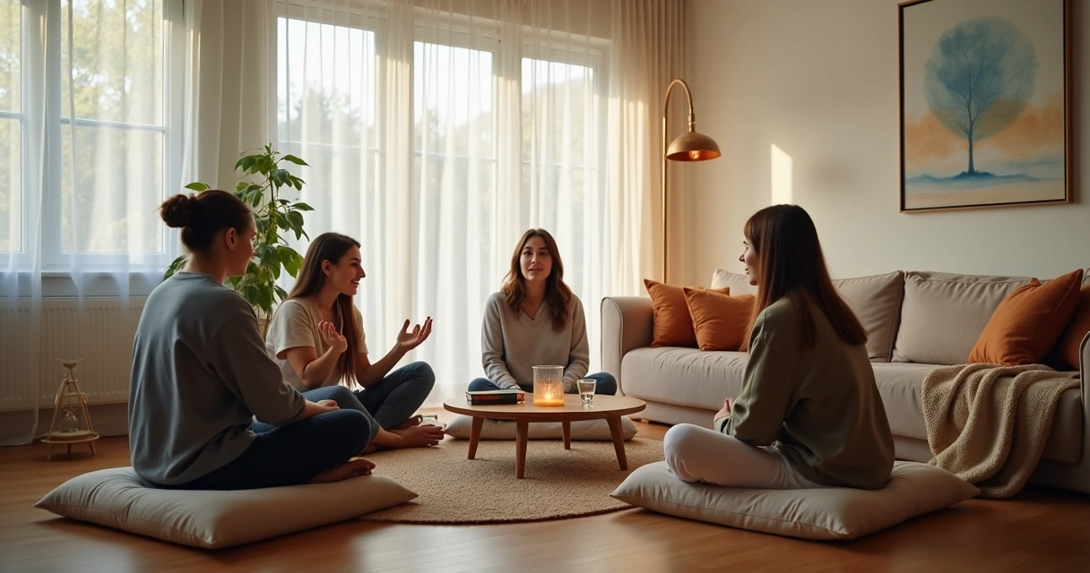 Três pessoas sentadas em sala acolhedora em um círculo de conversa tranquila 