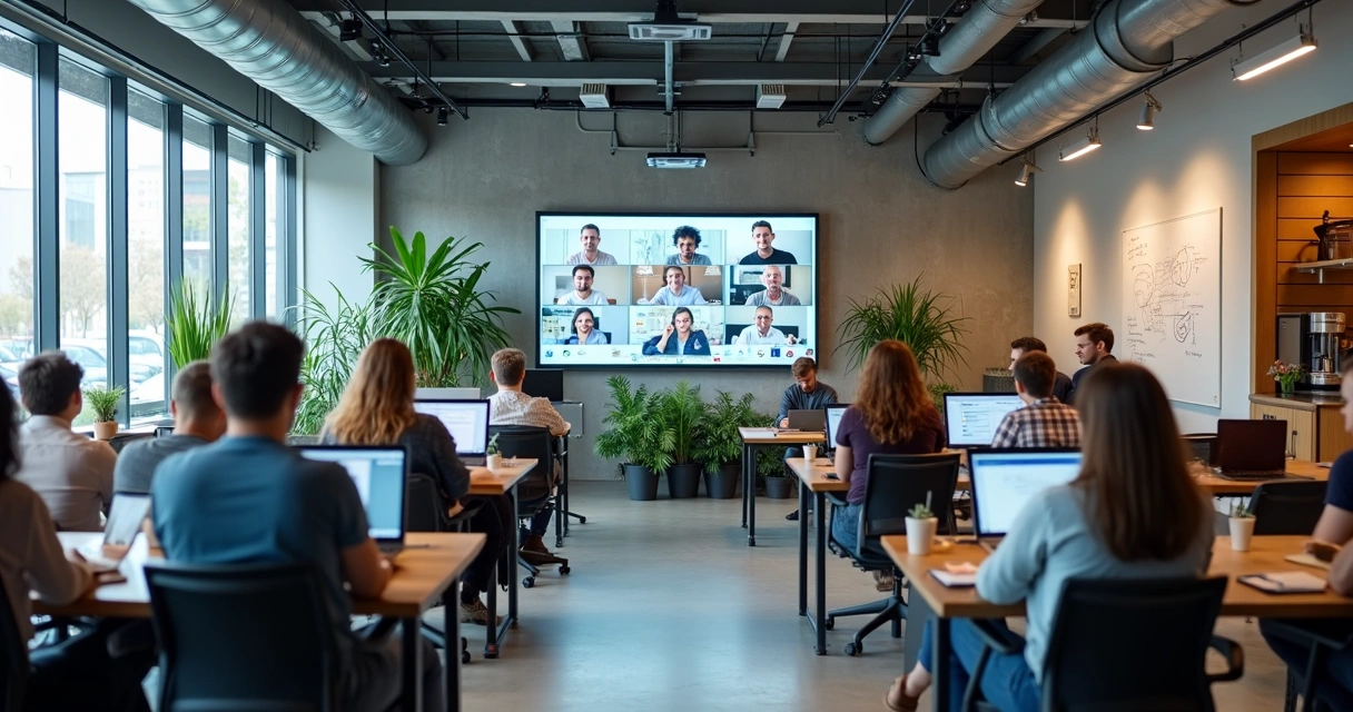 Sala de coworking moderna com pessoas em videoconferência 