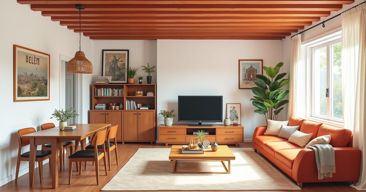Sala reformada com teto pintado de terracota e móveis antigos reaproveitados 