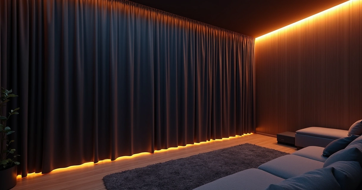 Sala de home theater escura com cortina blackout fechada. 
