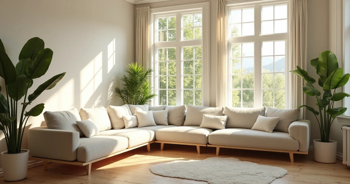 Sala de estar iluminada e confortável com plantas no canto