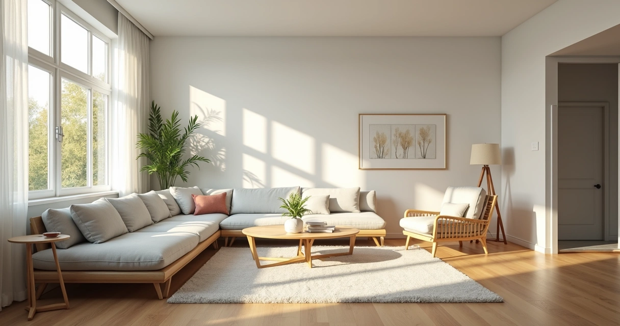 Sala residencial iluminada mostrando móveis e detalhes 