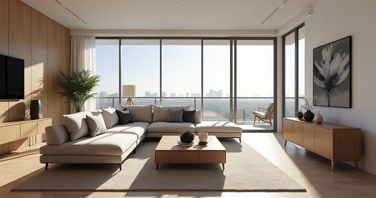 Sala de estar moderna apresentada em tour virtual 360 para imóveis. 