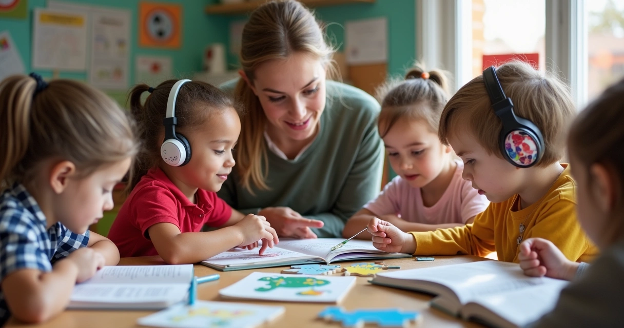 Sala de aula com crianças de diferentes necessidades e recursos 