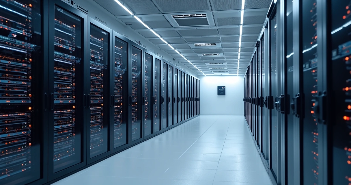 Sala de data center indoor climatizada com racks e ar-condicionado de precisão 