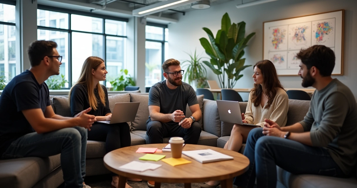 Grupo reunido em sala informal trocando feedbacks 