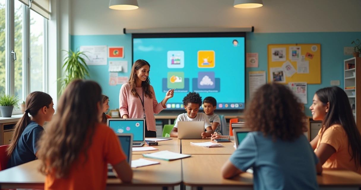Sala de aula inovadora com estudantes em atividades híbridas 