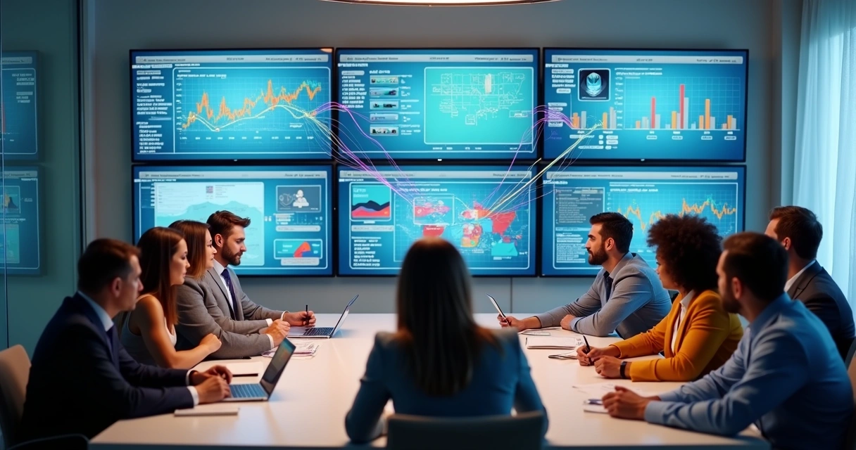 Equipe em sala analisando sistemas diferentes em telas grandes 