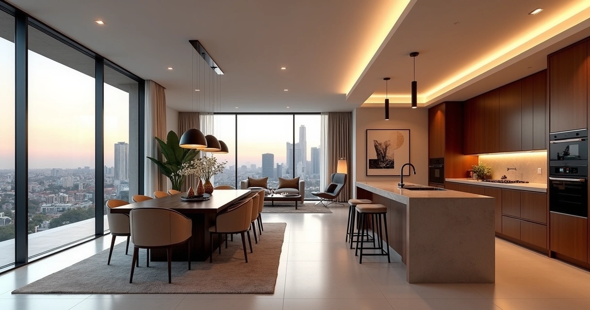 Sala de estar integrada com decoração sofisticada em apartamento moderno em Belo Horizonte