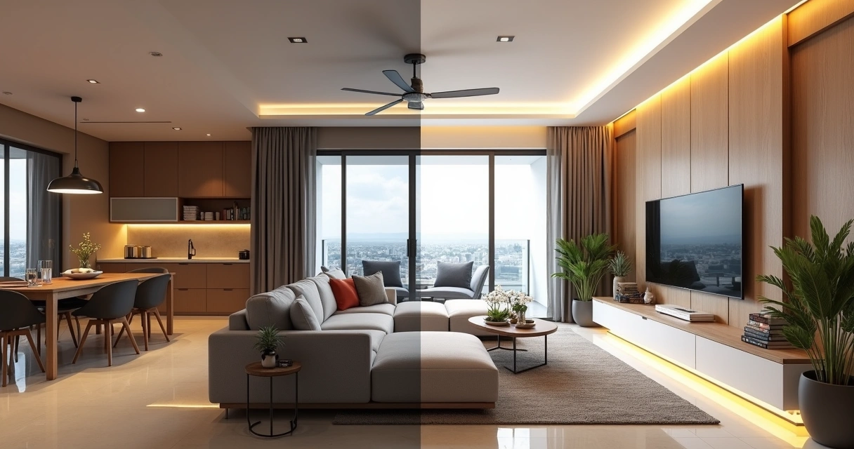 Sala integrada moderna mostrando antes e depois de consultoria de design em apartamento 