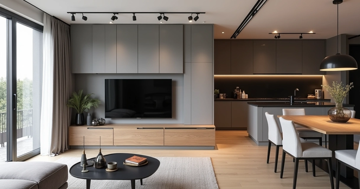 Sala integrada com móveis planejados cinza e carvalho belga em estilo contemporâneo 