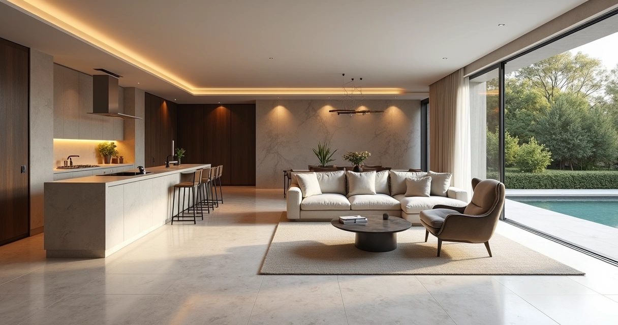 Ambiente integrado com piso de porcelanato de grande formato e móveis modernos 