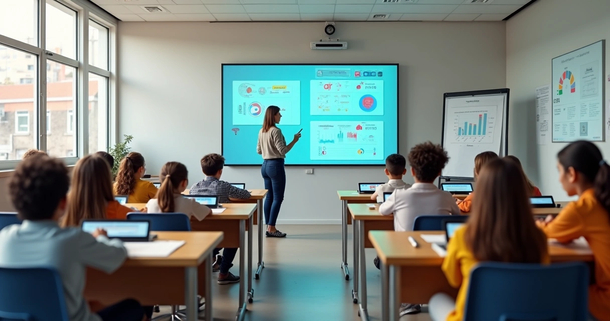Sala de aula inteligente com carteiras digitais e professor usando quadro interativo 