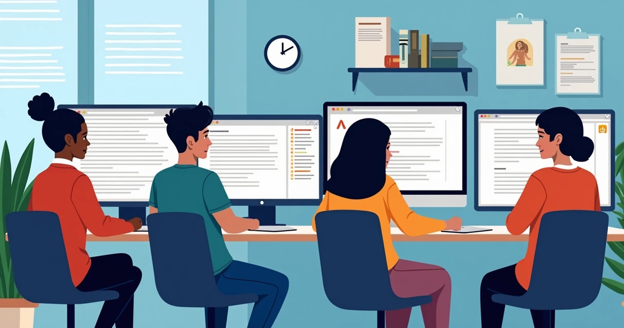 Alunos em uma sala virtual colaborando em um glossário online do Moodle