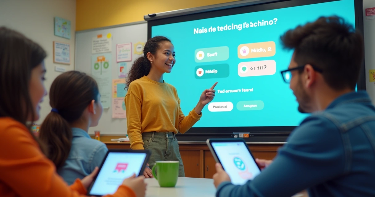 Professor apresenta quiz interativo em tela para turma. 