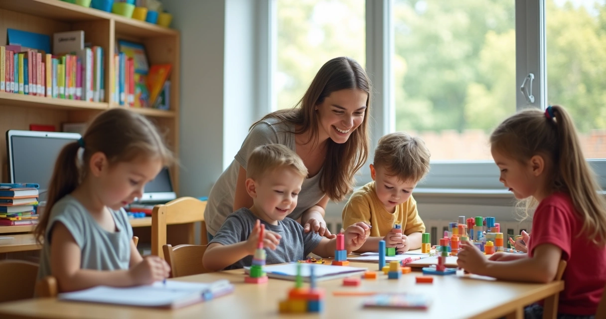 Sala de apoio à superdotação com materiais educativos e crianças aprendendo 
