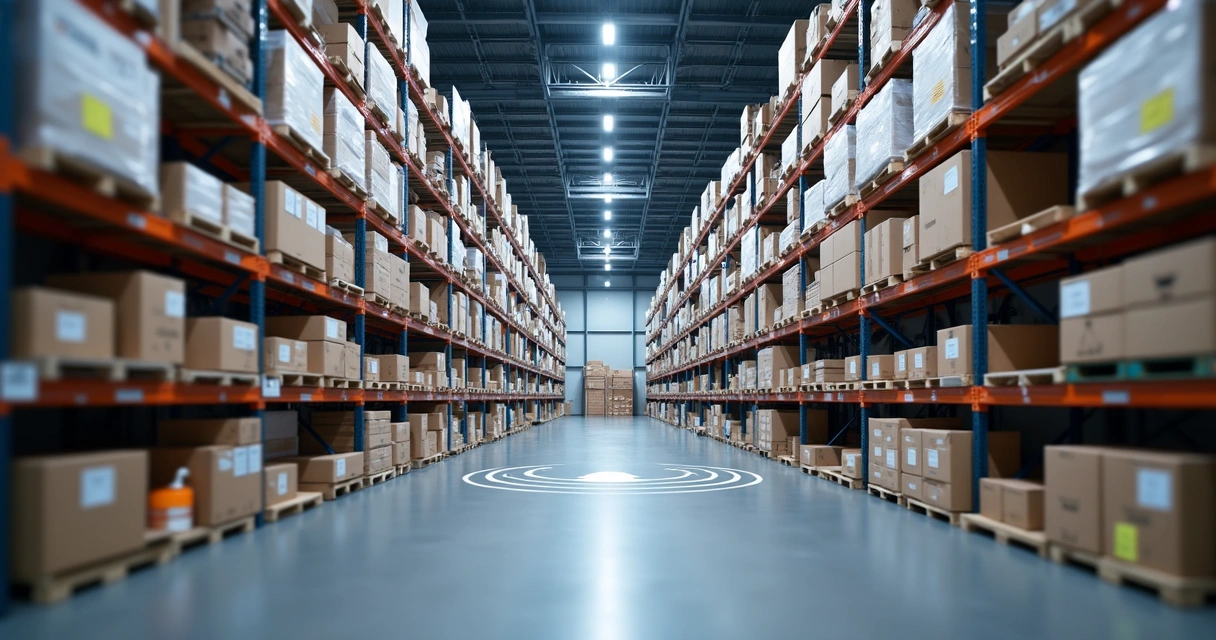 Sala de estoque com antenas RFID controlando caixas em prateleiras