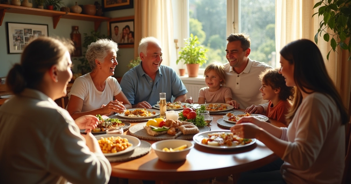 Família de diferentes idades sentada à mesa de jantar