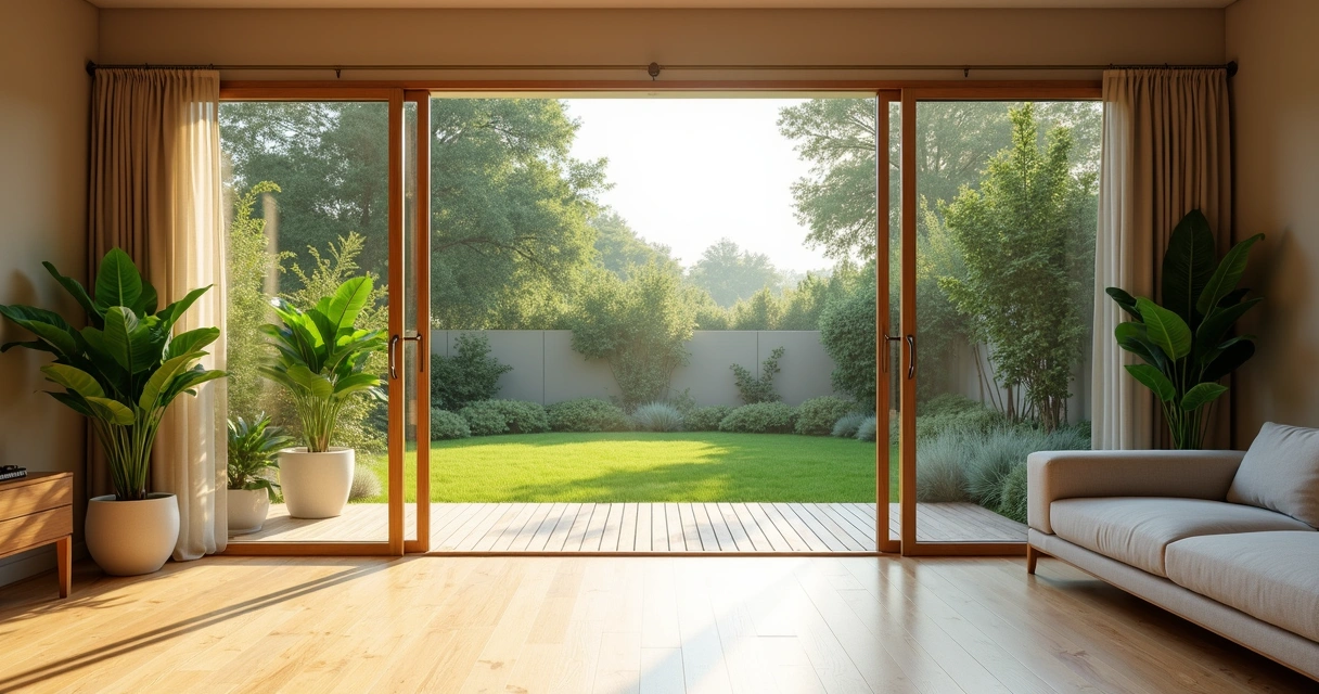 Sala integrada ao jardim com portas de vidro 