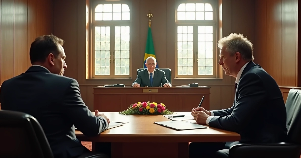 Sala de julgamento com juiz, advogados discutindo caso e autos em destaque