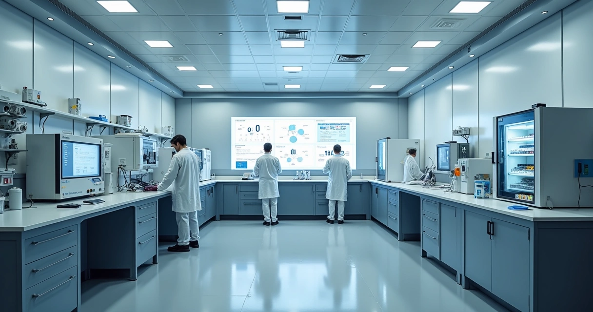 Laboratório moderno com equipamentos automatizados e sensores visíveis. 