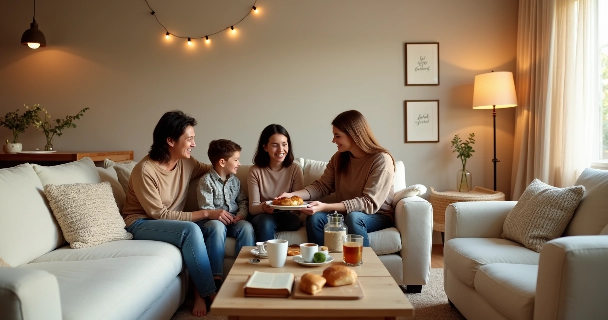 Sala de estar aconchegante com família reunida em volta da mesa de centro 