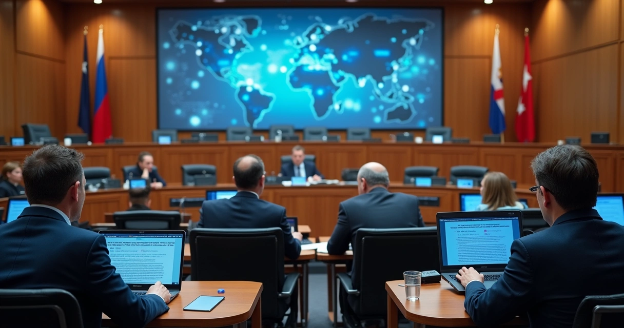 Sala legislativa digital com vereadores usando notebooks e assessor acompanhando em tela grande 