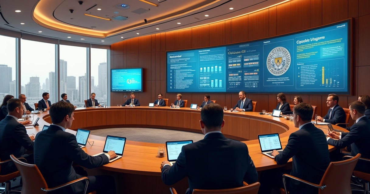 Sala de reunião legislativa moderna com monitores digitais 