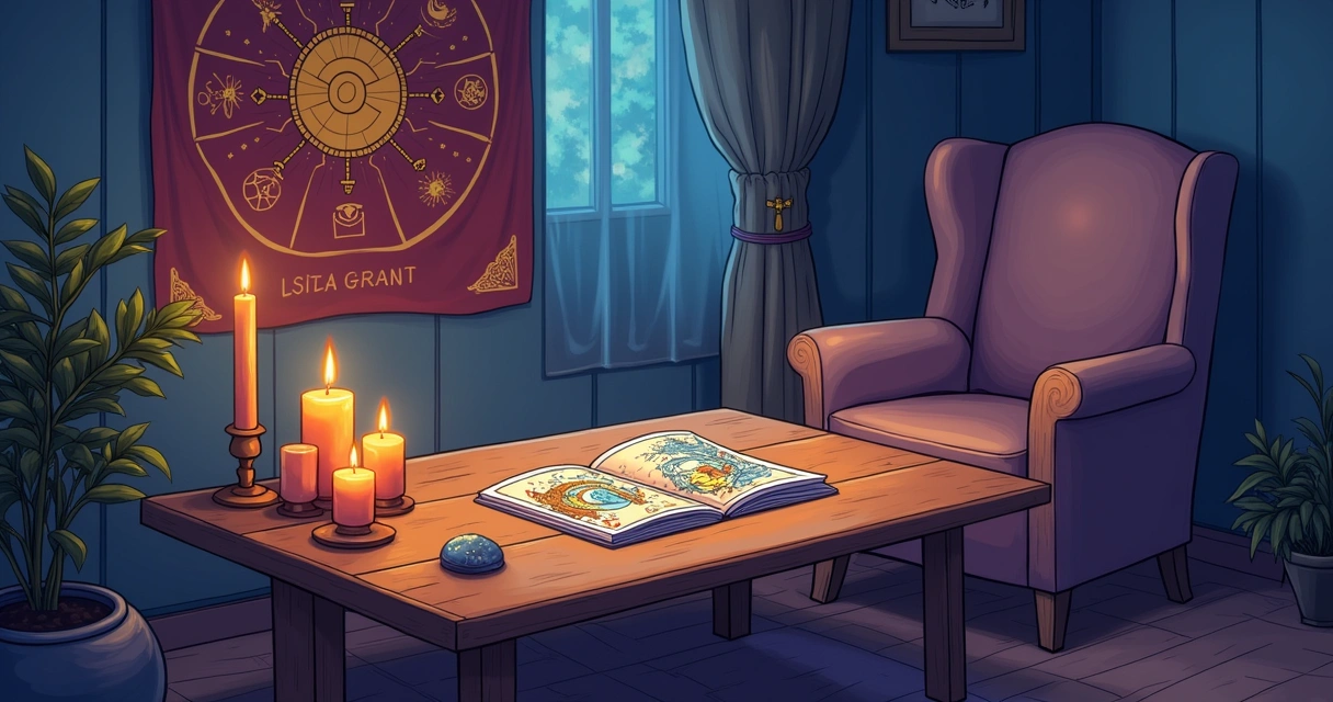 Sessão de leitura de tarot em um ambiente acolhedor e místico, com cartas de tarot e velas iluminando o espaço.