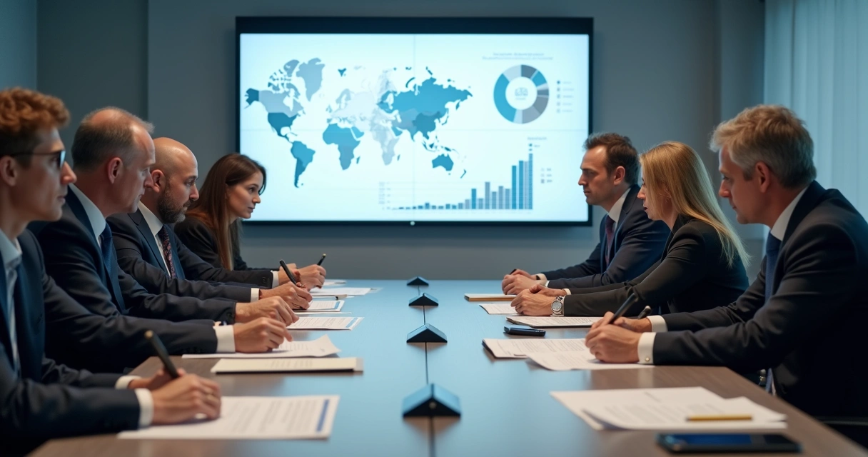 Comissão avaliadora de licitação analisando documentos com telas projetando dados