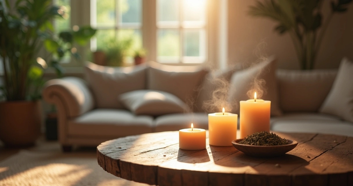 Sala iluminada com velas e ervas para limpeza energética 