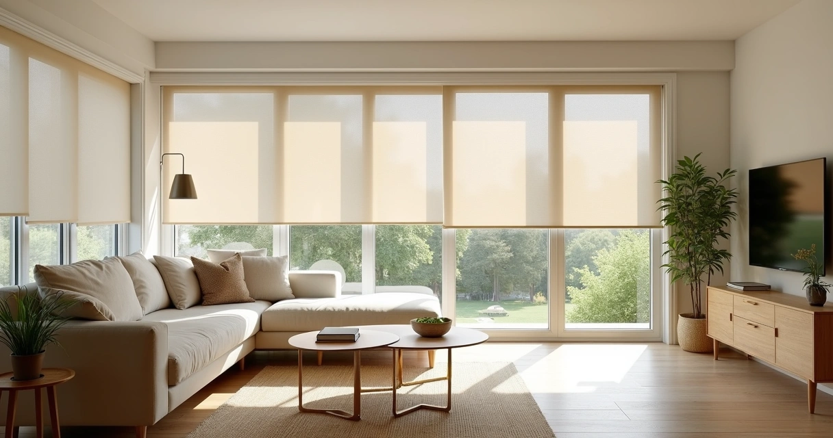 Sala com luz natural, persiana rolo sob medida e decoração contemporânea 