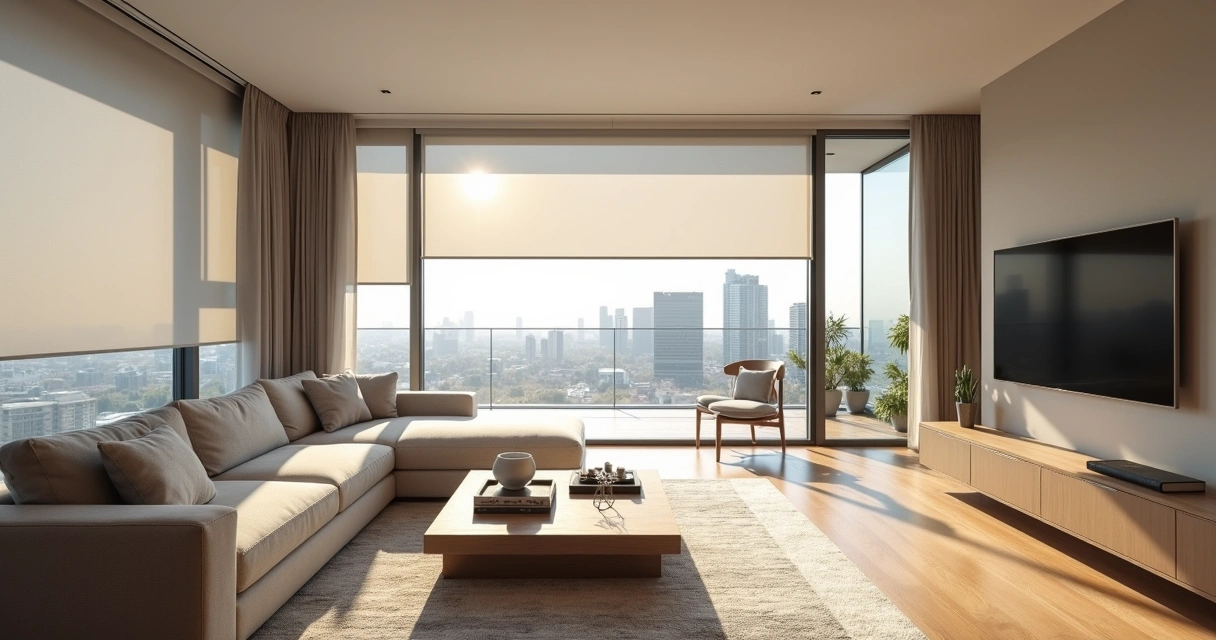 Sala de alto padrão com persiana que bloqueia calor em janela ampla em dia ensolarado 