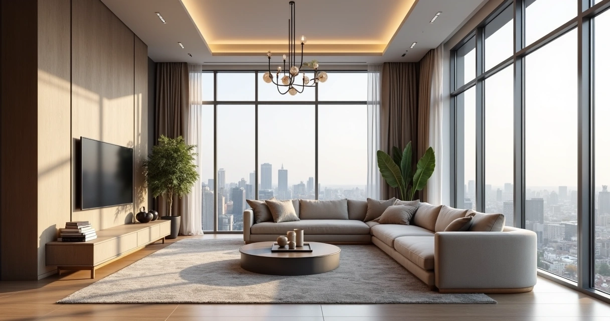 Sala de imóvel luxuoso com móveis sofisticados e iluminação natural abundante 