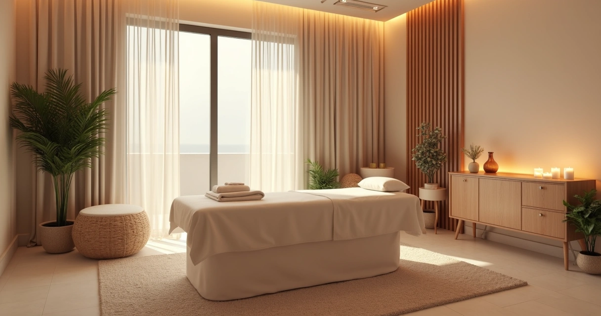 Sala de massagem sofisticada com iluminação suave e maca confortável 