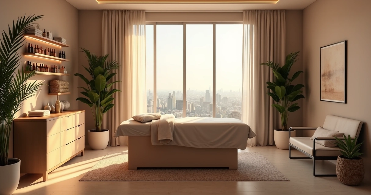 Ambiente de sala de massagem relaxante com maca, luz baixa e decoração aconchegante 