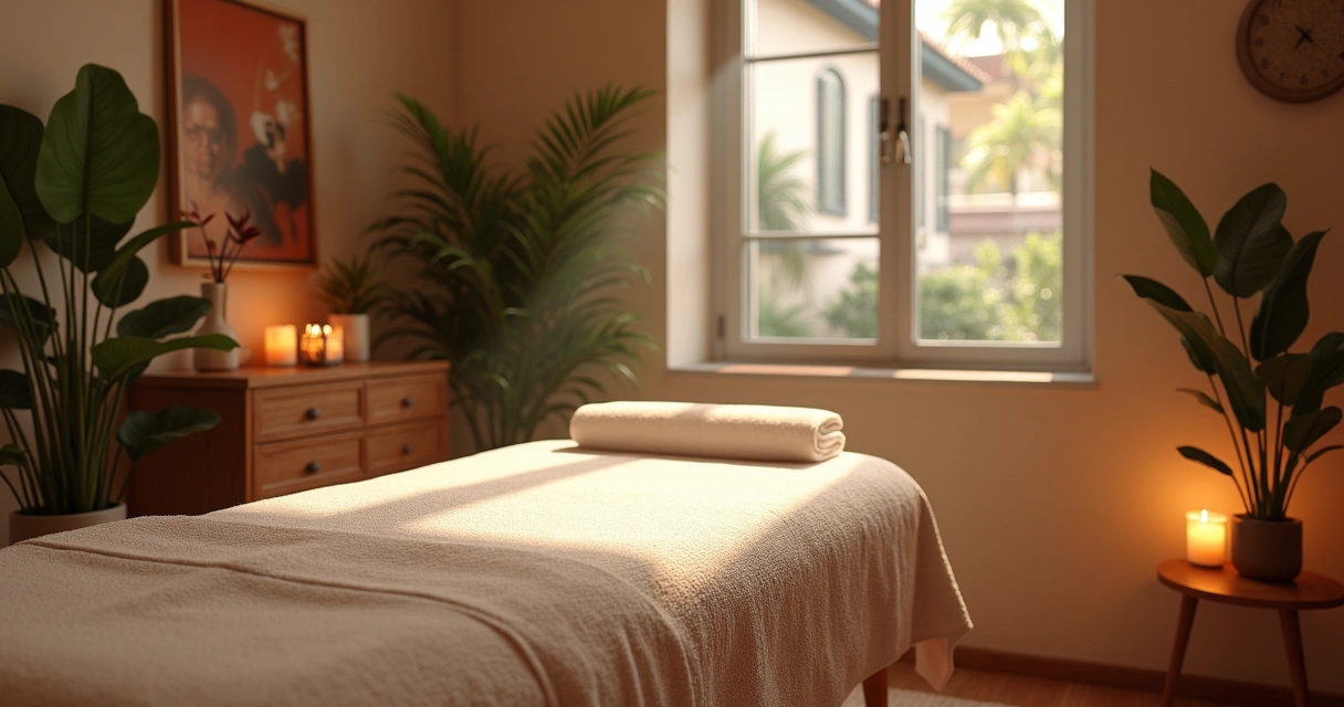 Sala de massagem com ambiente tranquilo e luz suave 