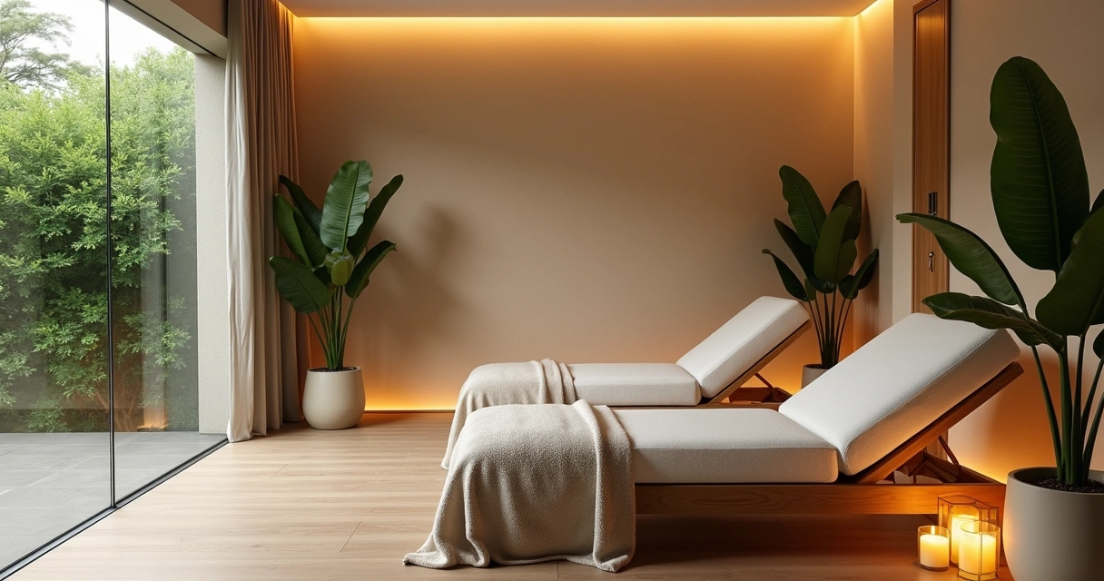 Ambiente de massagem em spa corporativo, com poltronas confortáveis e luz suave, destacando ambiente de arquitetura moderna 