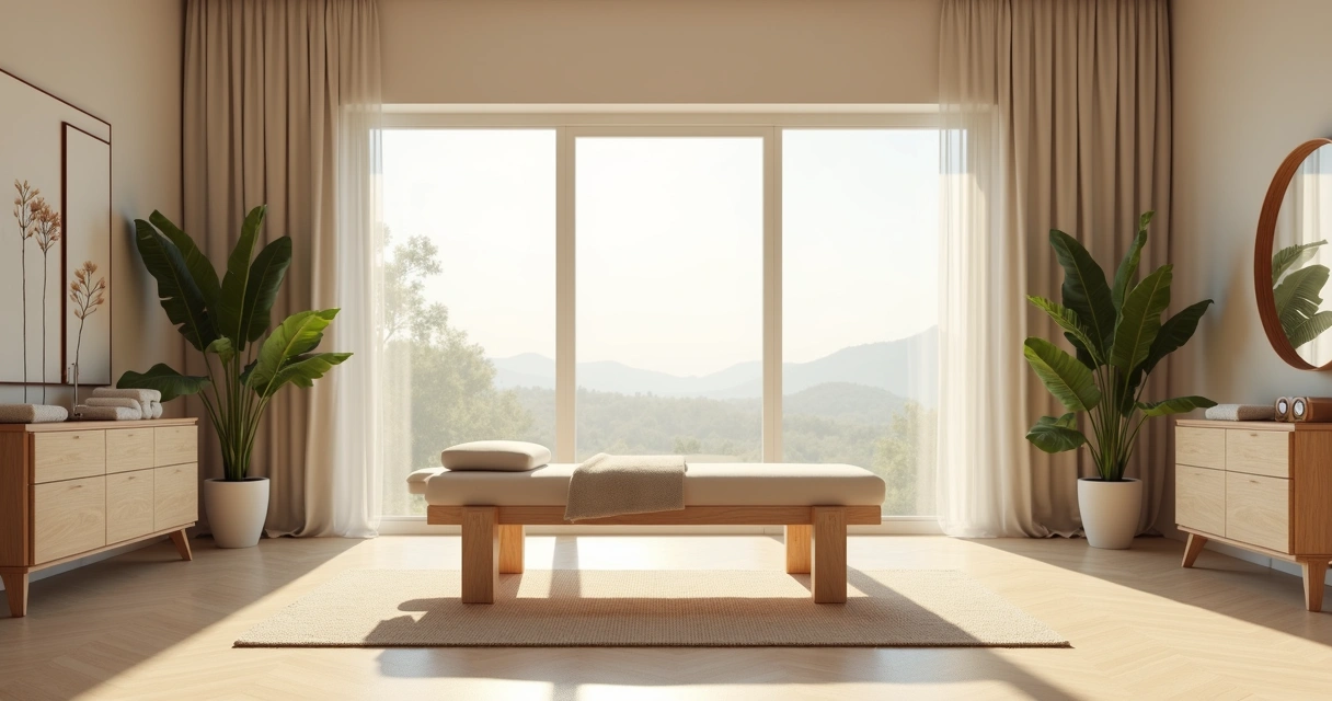 Ambiente tranquilo de massagem com luz suave e elementos naturais 