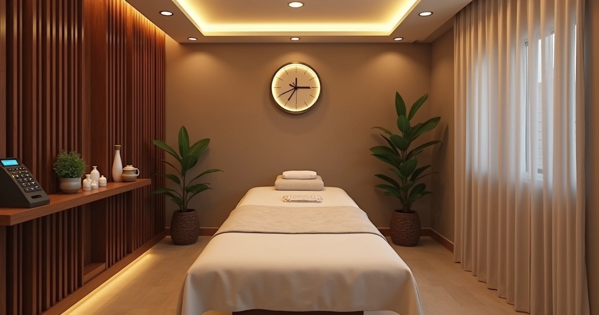 Espaço de massagem moderno com luz suave e elementos de decoração aconchegantes 