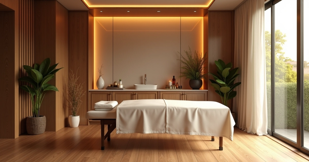 Ambiente de sala de massagem elegante com iluminação suave em bairro nobre 