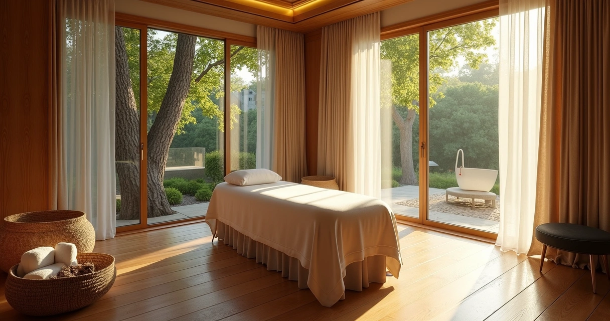 Sala de massagem no Kairós Spa com arquitetura moderna e luz natural 