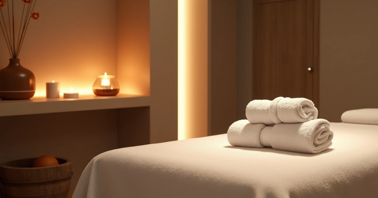Sala de massagem com iluminação suave e ambiente relaxante 