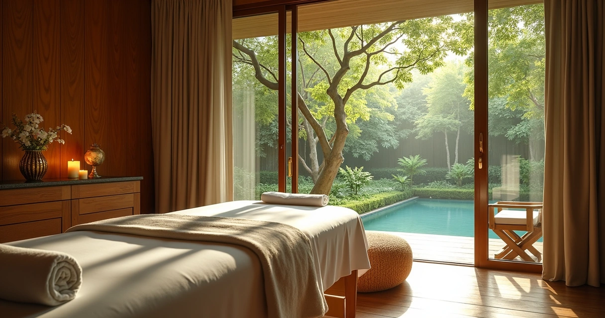 Sala de massagem com vista para árvores em spa no Morumbi 