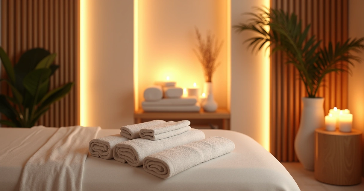 Sala de massagem spa com iluminação suave e decoração acolhedora 